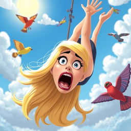 A beautiful blonde cartoon woman with vibrant blue eyes and striking red lips, depicted in a whimsical style, falling from the sky with a startled and scared expression on her face