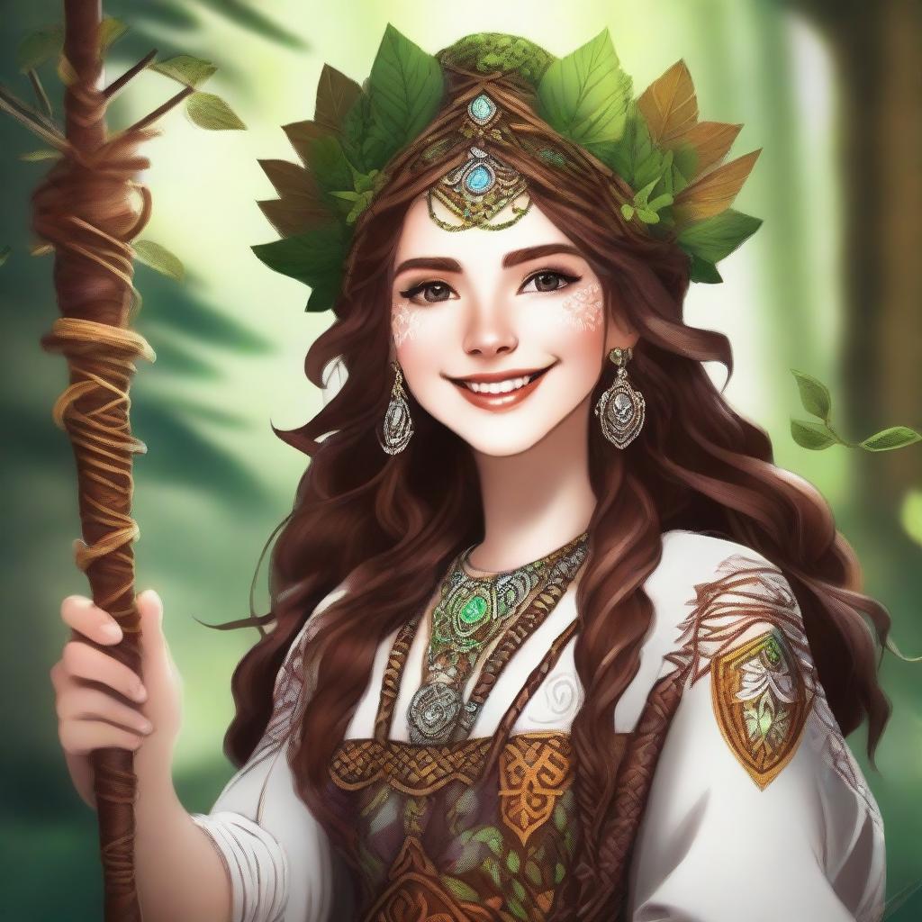 An image in the style of high-quality digital art, showing a joyful human female druid with brown hair and white skin