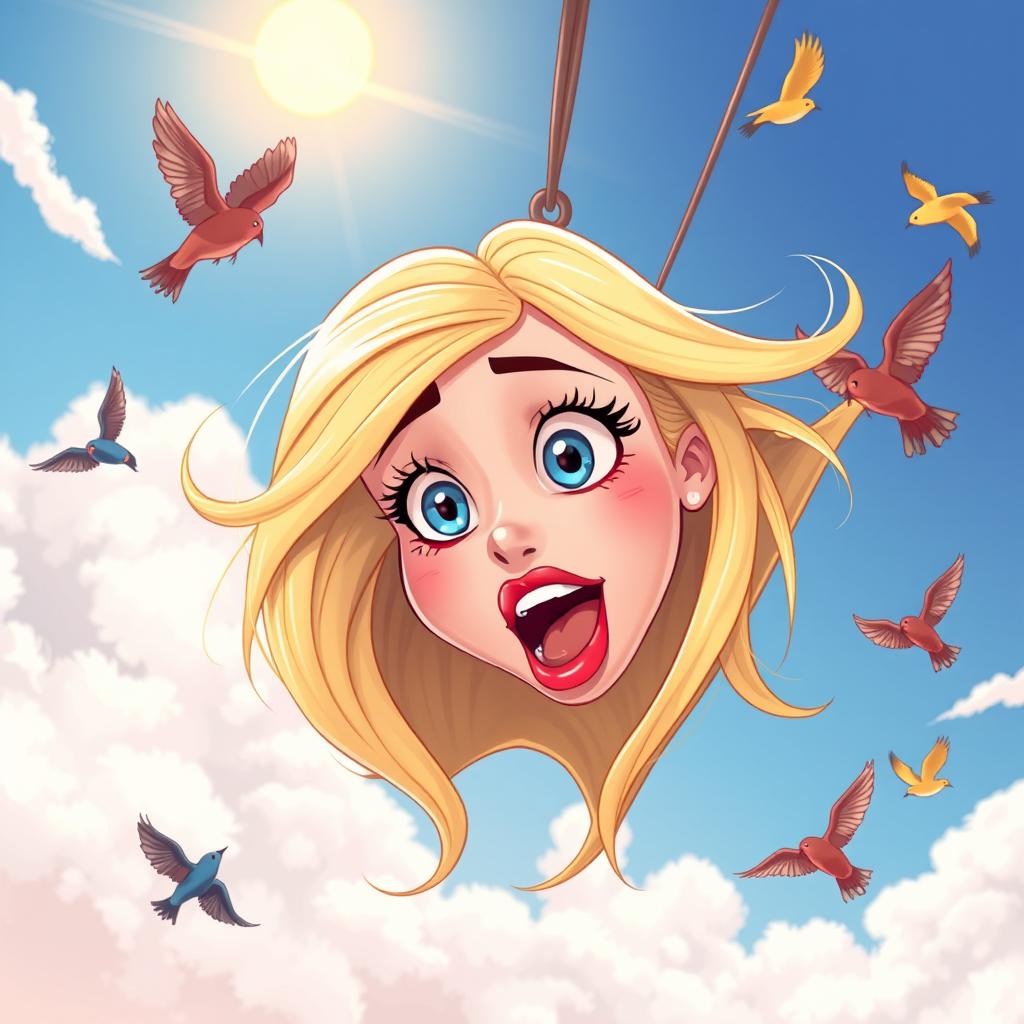 A beautiful blonde cartoon woman with vibrant blue eyes and striking red lips, depicted in a whimsical style, falling from the sky with a startled and scared expression on her face