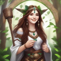 An image in the style of high-quality digital art, showing a joyful human female druid with brown hair and white skin