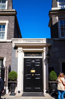The iconic front door of 10 Downing Street, London, featuring its distinctive black color and brass door knocker, surrounded by elegant Georgian architecture