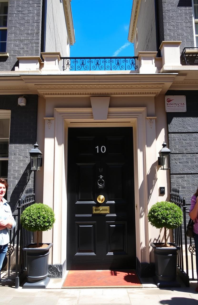 The iconic front door of 10 Downing Street, London, featuring its distinctive black color and brass door knocker, surrounded by elegant Georgian architecture