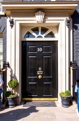 The iconic front door of 10 Downing Street, London, featuring its distinctive black color and brass door knocker, surrounded by elegant Georgian architecture