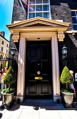 The iconic front door of 10 Downing Street, London, featuring its distinctive black color and brass door knocker, surrounded by elegant Georgian architecture