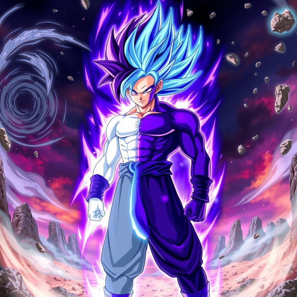 An epic depiction of Vegito, combining both Ultra Instinct and Ultra Ego powers