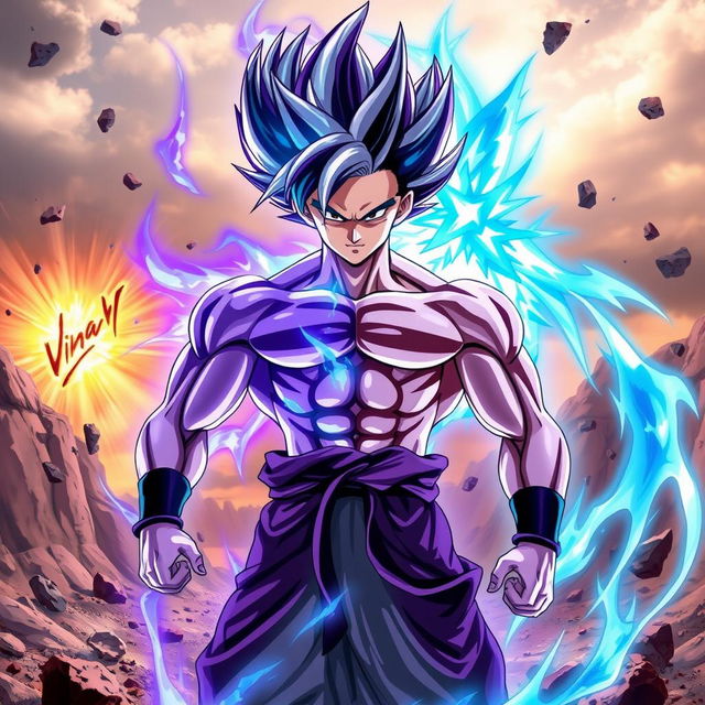 An epic depiction of Vegito, combining both Ultra Instinct and Ultra Ego powers