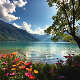 A beautiful and serene landscape featuring a tranquil lake surrounded by lush green mountains, with a clear blue sky and fluffy white clouds