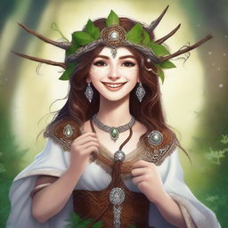 An image in the style of high-quality digital art, showing a joyful human female druid with brown hair and white skin