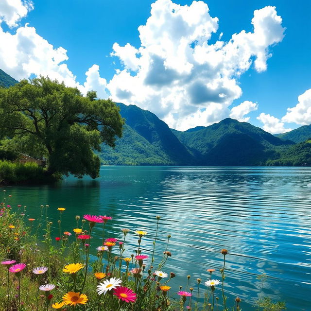 A beautiful and serene landscape featuring a tranquil lake surrounded by lush green mountains, with a clear blue sky and fluffy white clouds