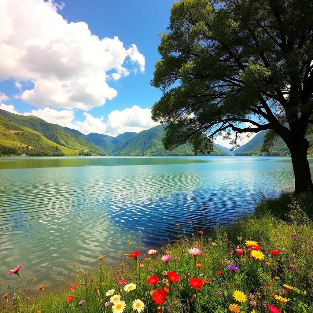 A beautiful and serene landscape featuring a tranquil lake surrounded by lush green mountains, with a clear blue sky and fluffy white clouds