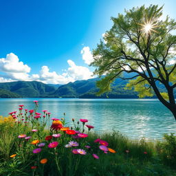 A beautiful and serene landscape featuring a tranquil lake surrounded by lush green mountains, with a clear blue sky and fluffy white clouds