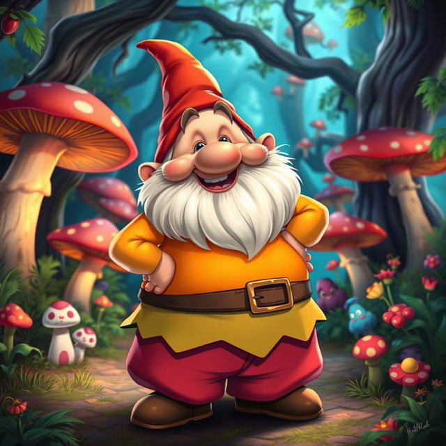 A whimsical and humorous depiction of a dwarf character with oversized, exaggerated features, particularly a large butt, in a playful and cartoonish style