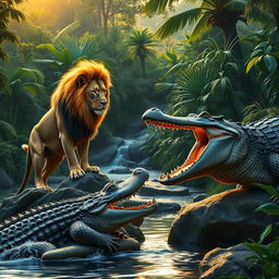 A dramatic encounter between a lion and a crocodile in a lush green jungle setting