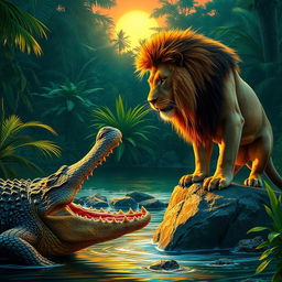 A dramatic encounter between a lion and a crocodile in a lush green jungle setting