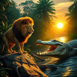 A dramatic encounter between a lion and a crocodile in a lush green jungle setting