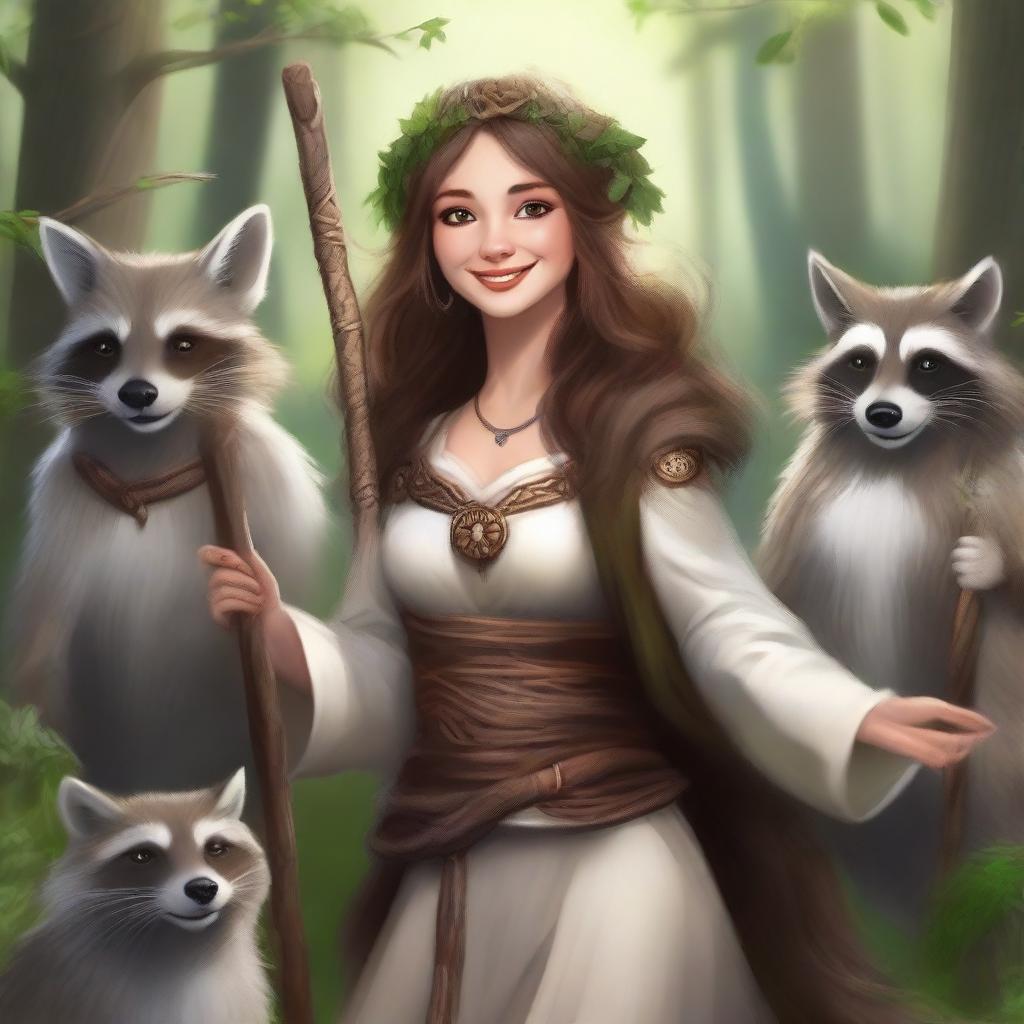 A high-quality digital art image featuring a joyful human female druid with brown hair and white skin, surrounded by playful raccoons