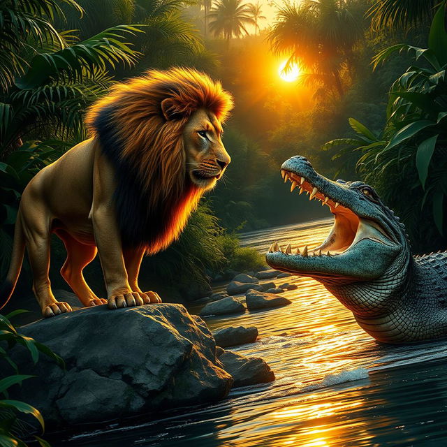 A dramatic encounter between a lion and a crocodile in a lush green jungle setting