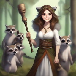 A high-quality digital art image featuring a joyful human female druid with brown hair and white skin, surrounded by playful raccoons