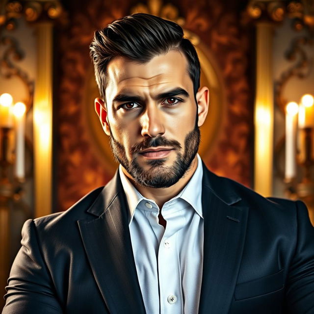 A portrait of a powerful, confident man in a tailored suit, set against a luxurious background featuring rich textures and opulent decor