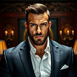 A portrait of a powerful, confident man in a tailored suit, set against a luxurious background featuring rich textures and opulent decor