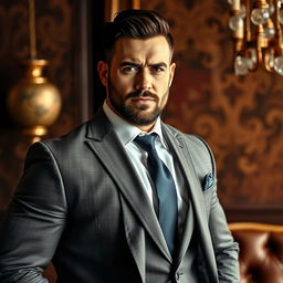 A portrait of a powerful, confident man in a tailored suit, set against a luxurious background featuring rich textures and opulent decor