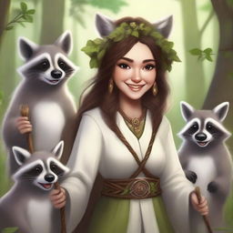 A high-quality digital art image featuring a joyful human female druid with brown hair and white skin, surrounded by playful raccoons