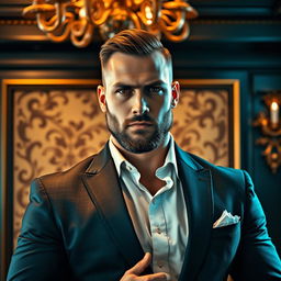 A portrait of a powerful, confident man in a tailored suit, set against a luxurious background featuring rich textures and opulent decor