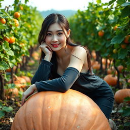 A beautiful Korean woman striking an elegant and attractive pose while sitting on a large pumpkin, facing the camera with a soft and cute smile