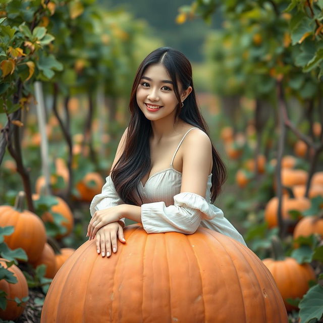 A beautiful Korean woman striking an elegant and attractive pose while sitting on a large pumpkin, facing the camera with a soft and cute smile