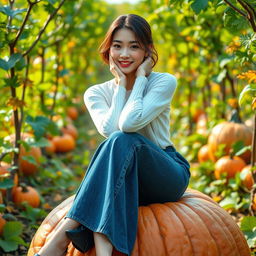 A beautiful Korean woman striking an elegant and attractive pose while sitting on a large pumpkin, facing the camera with a soft and cute smile