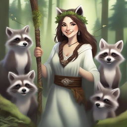 A high-quality digital art image featuring a joyful human female druid with brown hair and white skin, surrounded by playful raccoons