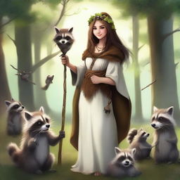 A high-quality digital art image depicting a joyful human female druid with brown hair and white skin, interacting with playful raccoons