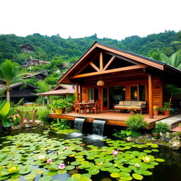 A beautiful wooden house with a sloping roof, set in a lush tropical landscape