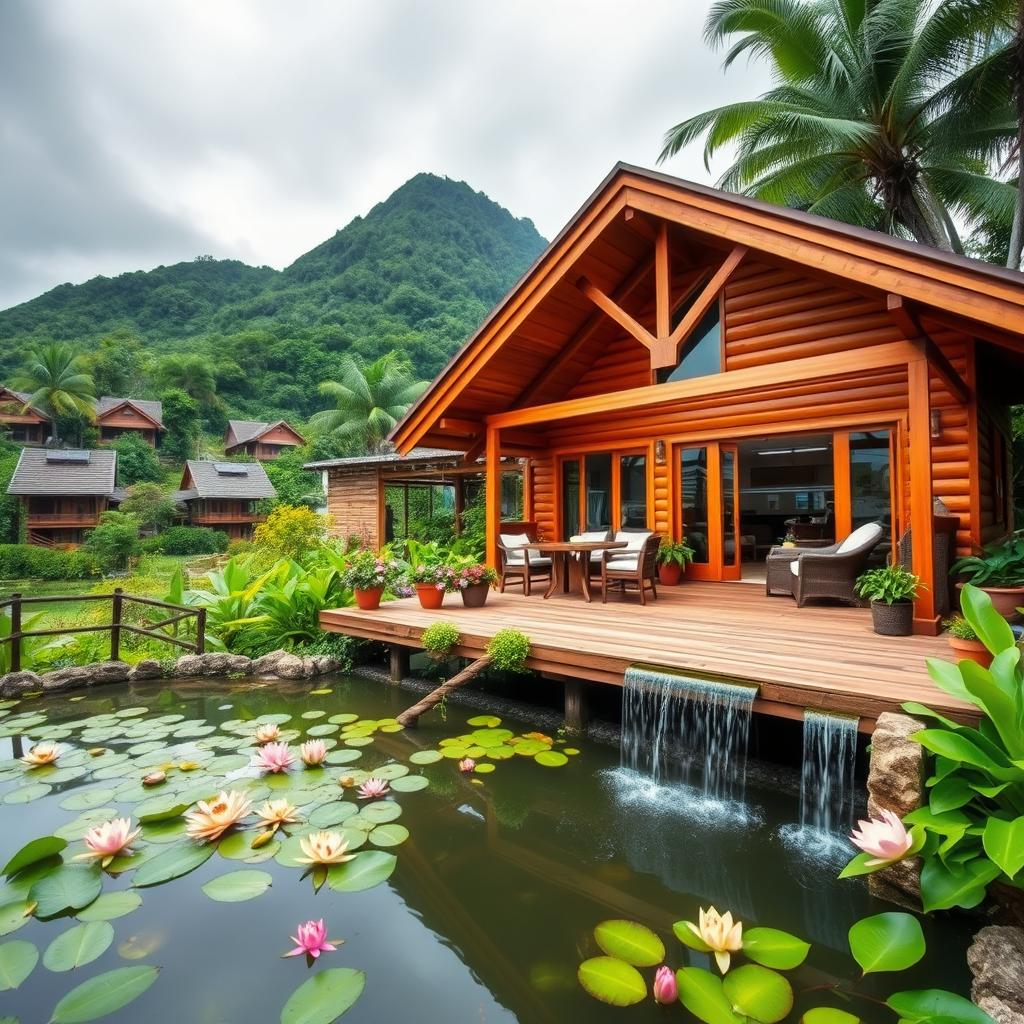 A beautiful wooden house with a sloping roof, set in a lush tropical landscape