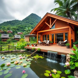 A beautiful wooden house with a sloping roof, set in a lush tropical landscape