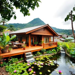 A beautiful wooden house with a sloping roof, set in a lush tropical landscape