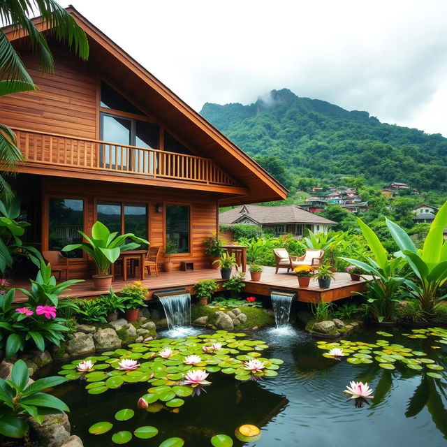 A beautiful wooden house with a sloping roof, set in a lush tropical landscape