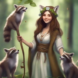 A high-quality digital art image depicting a joyful human female druid with brown hair and white skin, interacting with playful raccoons