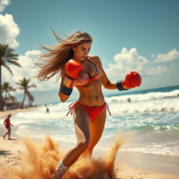 A dynamic scene featuring a fierce female superhero inspired by Spiderwoman, wearing a stylish bikini that showcases her athletic physique, engaged in a vibrant boxing match on the beach
