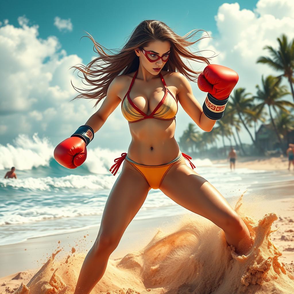 A dynamic scene featuring a fierce female superhero inspired by Spiderwoman, wearing a stylish bikini that showcases her athletic physique, engaged in a vibrant boxing match on the beach