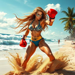 A dynamic scene featuring a fierce female superhero inspired by Spiderwoman, wearing a stylish bikini that showcases her athletic physique, engaged in a vibrant boxing match on the beach