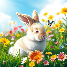A cute rabbit with soft fur, gently closing its eyes, sitting peacefully in a vibrant garden filled with colorful flowers, bright green grass, and a clear blue sky