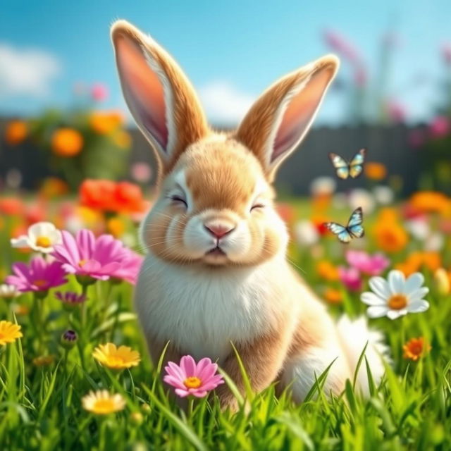 A cute rabbit with soft fur, gently closing its eyes, sitting peacefully in a vibrant garden filled with colorful flowers, bright green grass, and a clear blue sky