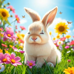 A cute rabbit with soft fur, gently closing its eyes, sitting peacefully in a vibrant garden filled with colorful flowers, bright green grass, and a clear blue sky