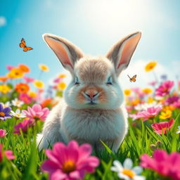 A cute rabbit with soft fur, gently closing its eyes, sitting peacefully in a vibrant garden filled with colorful flowers, bright green grass, and a clear blue sky