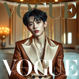 A stylish and refined photoshoot featuring Huening Kai from TXT on the cover of Vogue magazine