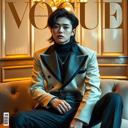 A stylish and refined photoshoot featuring Huening Kai from TXT on the cover of Vogue magazine