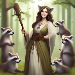 A high-quality digital art image depicting a joyful human female druid with brown hair and white skin, interacting with playful raccoons