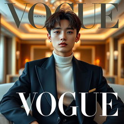A stylish and refined photoshoot featuring Huening Kai from TXT on the cover of Vogue magazine