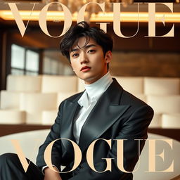 A stylish and refined photoshoot featuring Huening Kai from TXT on the cover of Vogue magazine